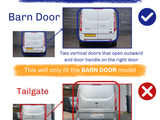 Barn door model: Two vertical doors open outward with a handle on the right door. Tailgate model: Single door with hidden top hinges.  This will only fit the BARN DOOR model.