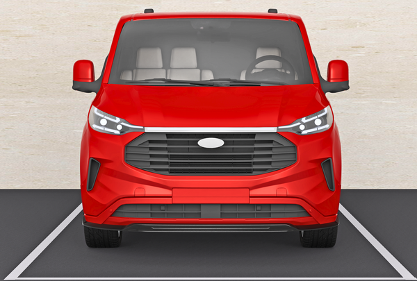 A red van is parked in a designated space, surrounded by a light-colored surface. Its front-facing view showcases headlights, a large grille, and visible side mirrors.