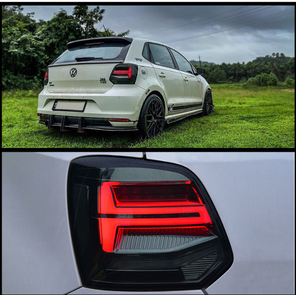 A white Volkswagen car is parked on grass, with dark tinted tail lights and a visible VW logo. Close-up of a lit tail light is shown below, surrounded by greenery.