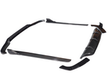 Car body kit components are arranged on a white background, showing a front splitter, side skirts, and a rear diffuser. These are designed to enhance aerodynamic performance and aesthetic appeal.