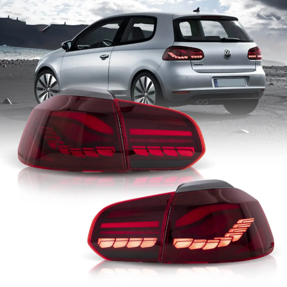 Two red LED taillights are displayed in the foreground, with a silver car parked on a rocky landscape. The car shows its rear view, including the brand logo and "Golf."