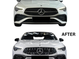 A white car's front grille changes from a diamond pattern (