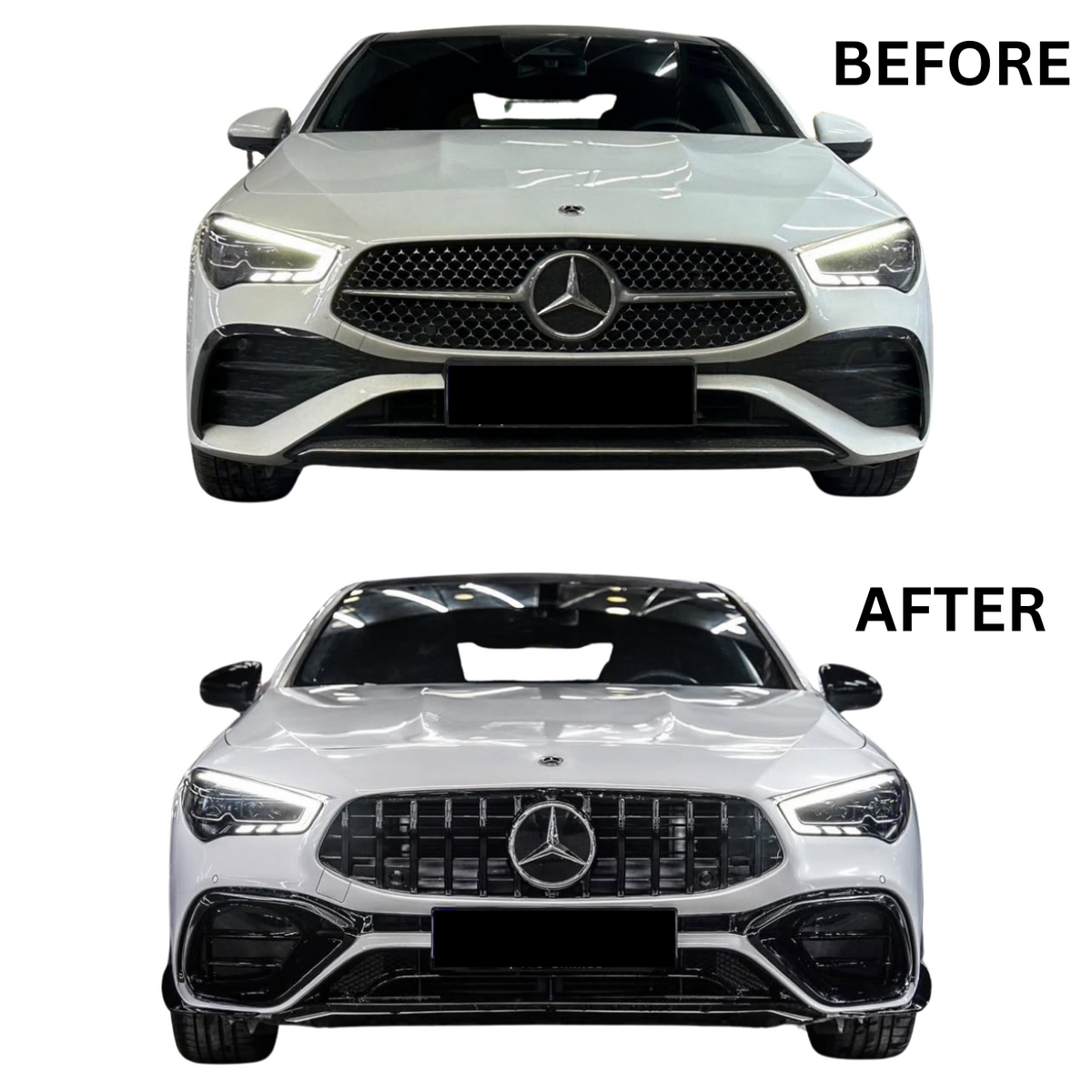A white car's front grille changes from a diamond pattern ("BEFORE") to a vertical bar design ("AFTER"). Each image features "Mercedes" in a bright, indoor setting.