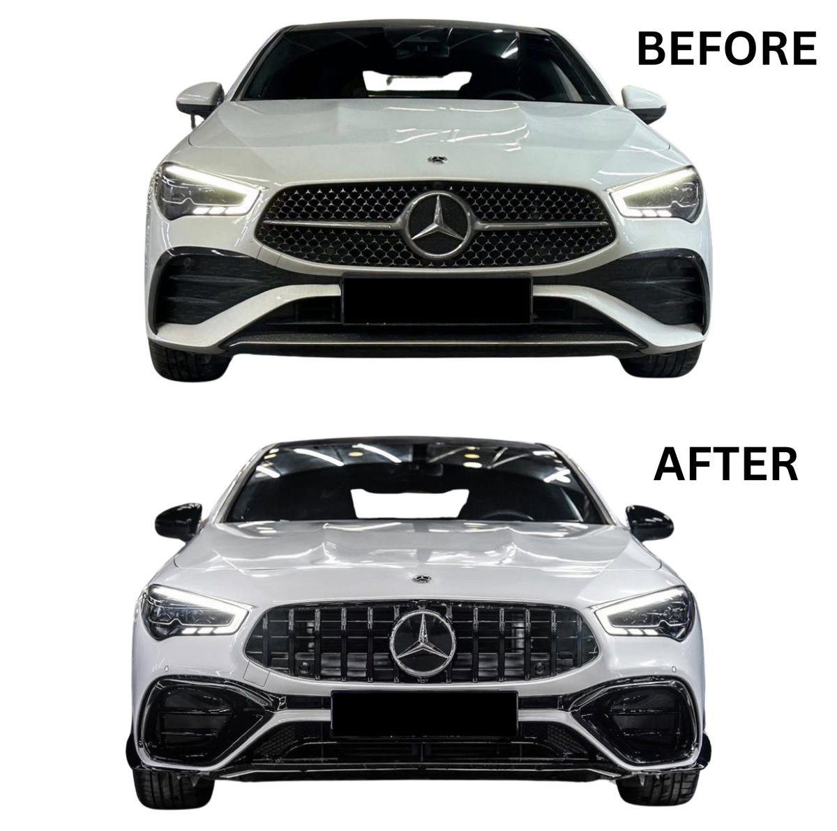 A white car's front grille changes from a diamond pattern ("BEFORE") to a vertical bar design ("AFTER"). Each image features "Mercedes" in a bright, indoor setting.