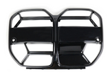 A shiny black car grille, divided into two sections with horizontal and vertical slats, rests on a plain white background, designed for ventilation and vehicle styling.