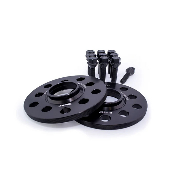 Two black wheel spacers with multiple holes rest on a white surface, accompanied by ten black bolts standing upright. The spacers are labeled "Bimmec" and "4Lug-5mm."