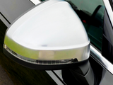 A silver car side mirror features an integrated turn signal, attached to a black vehicle door in daylight.