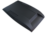 A matte black car hood scoop with angular design and vent slits, positioned against a plain white background.