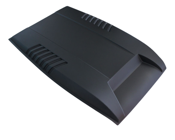 A matte black car hood scoop with angular design and vent slits, positioned against a plain white background.