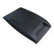 A matte black car hood scoop with angular design and vent slits, positioned against a plain white background.