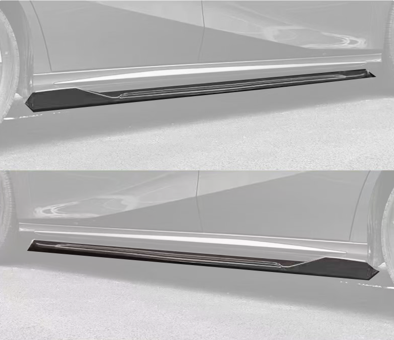 Two images of a car's side skirts, with black extensions installed. The car body is silver, parked on a paved surface. Each image shows a different perspective of the skirts.