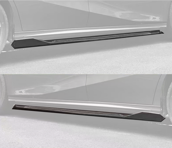 Two images of a car's side skirts, with black extensions installed. The car body is silver, parked on a paved surface. Each image shows a different perspective of the skirts.