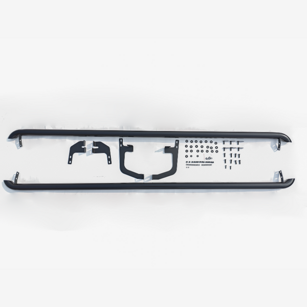 Two long metal rails with curved ends are positioned horizontally, surrounded by various brackets, screws, and small components, neatly arranged on a white background.