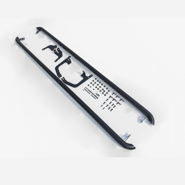 A black and white rail-like structure holding various mounting brackets and an array of screws lies on a light background. Text includes: "VIABIZZUNO CORNICI," "PR 4," "G 60.0/2.0," "SPAZZ014."