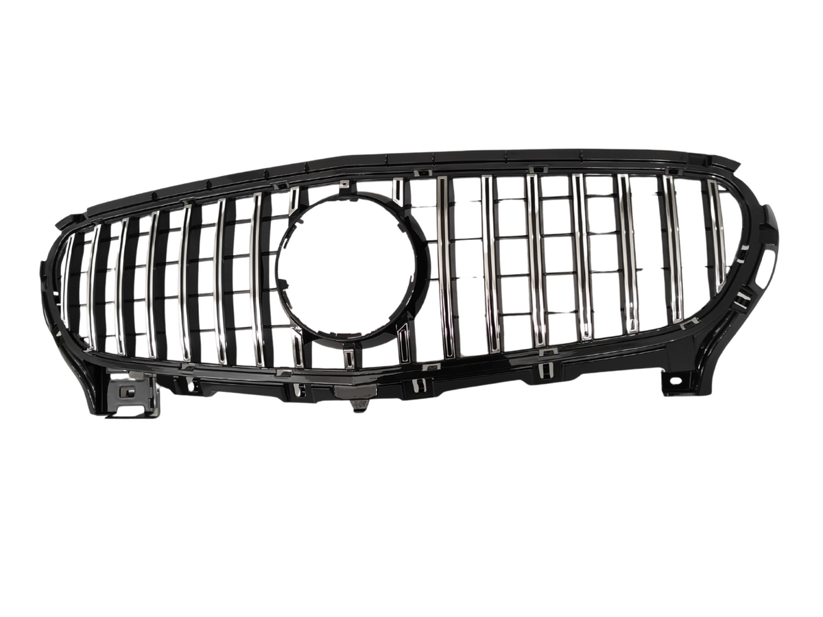 A car grille with vertical chrome bars and a circular central cutout is positioned against a plain white background, designed for vehicle front-end attachment.