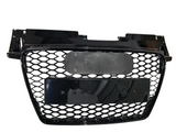 A black car grille with a honeycomb pattern is displayed with mounting brackets, designed for vehicle front installation in automotive applications.
