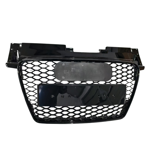 A black car grille with a honeycomb pattern is displayed with mounting brackets, designed for vehicle front installation in automotive applications.