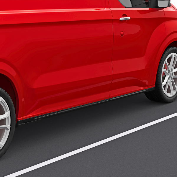 A red van is parked on a dark asphalt surface, with white parking lines visible. The focus is on the side, highlighting its sleek design and silver alloy wheels.