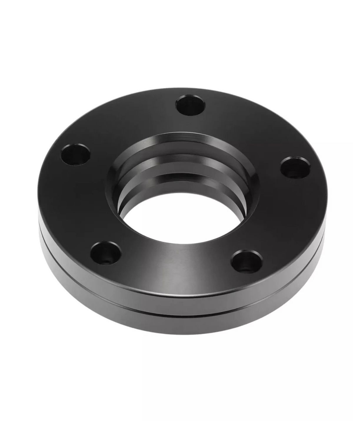 A black, circular metal flange with five bolt holes, featuring a central threaded hole, rests against a plain white background.