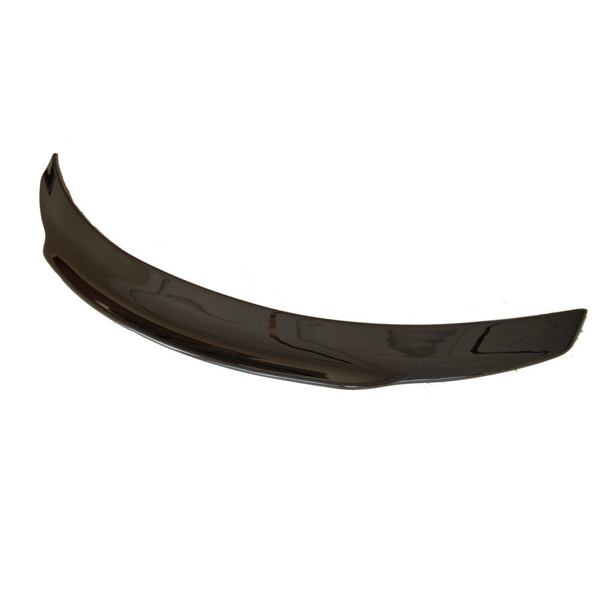 A glossy, black, curved car spoiler lies against a plain white background, displaying its aerodynamic shape.