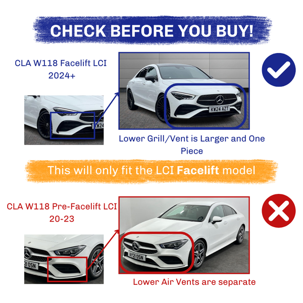 CHECK BEFORE YOU BUY! The image contrasts two white cars. Top: CLA W118 Facelift LCI 2024+ with a larger, one-piece lower grill. Bottom: CLA W118 Pre-Facelift LCI 20-23 with separate lower air vents. Text emphasizes fitting the LCI Facelift model only.