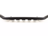 A black metal bull bar with a curved design extends horizontally, featuring mounting brackets beneath. It rests on a white background, emphasizing its robust construction ideal for vehicle protection.