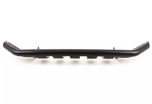 A black metal bull bar with a curved design extends horizontally, featuring mounting brackets beneath. It rests on a white background, emphasizing its robust construction ideal for vehicle protection.