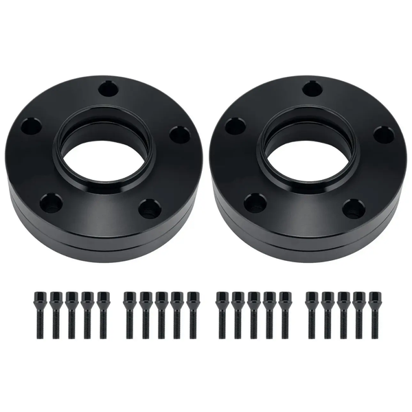 Two black, circular wheel spacers with five bolt holes each, accompanied by sixteen black bolts, arranged symmetrically on a plain white background.