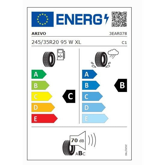 EU tyre label - Arivo Ultra ARZ5 245/35 R20 95W XL - fuel C, wet grip B, noise 70dB