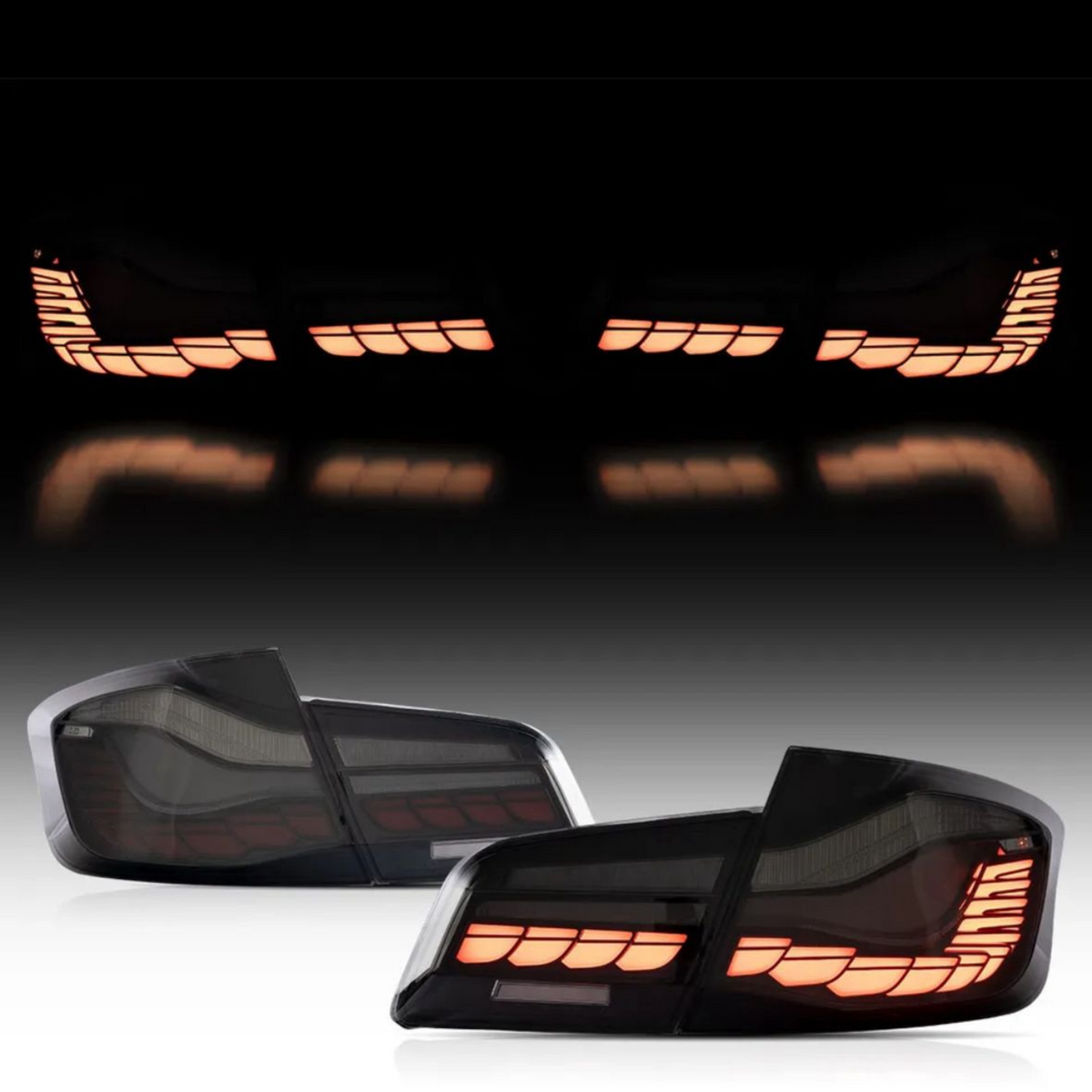 Car taillights illuminate with an orange glow, reflecting on a dark surface. Two individual taillight units are displayed below, showing their design and detailing against a gradient background.