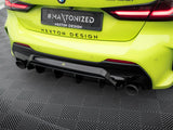 A bright yellow car with a black diffuser and dual exhausts is parked on a patterned surface. Visible text: 