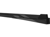 A sleek, black, elongated car side skirt with a smooth, angular design rests on a white background, emphasizing its aerodynamic features.