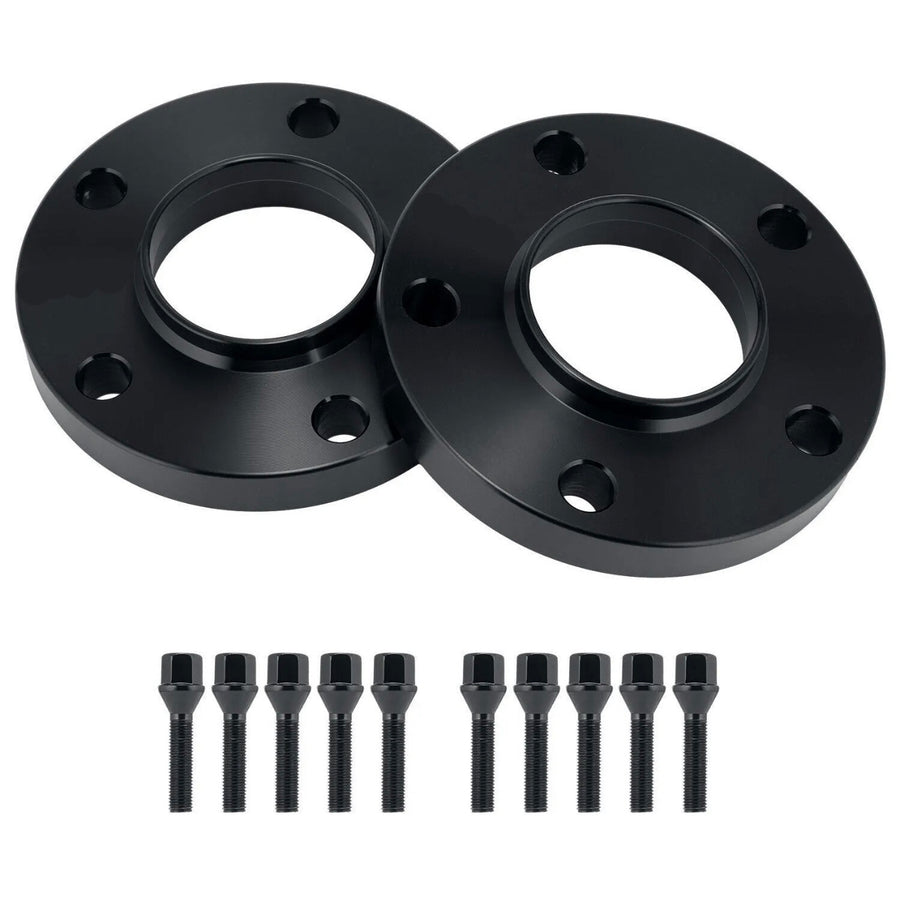 Two black wheel spacers lie side-by-side, each with five evenly spaced holes. Below them, ten matching black bolts are aligned neatly, on a plain white background.
