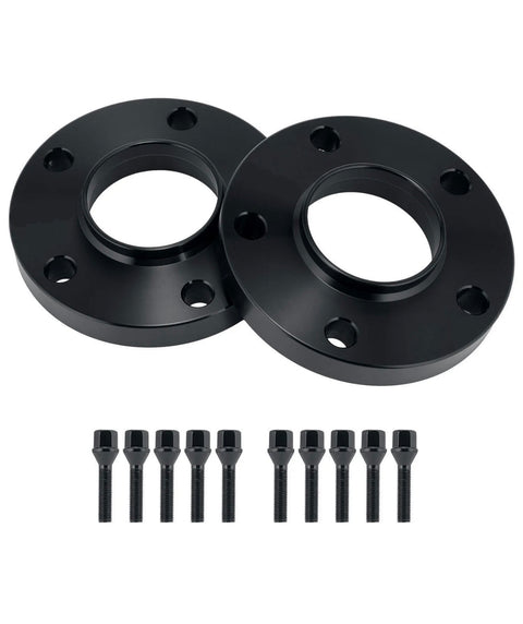 Two black wheel spacers lie side-by-side, each with five evenly spaced holes. Below them, ten matching black bolts are aligned neatly, on a plain white background.