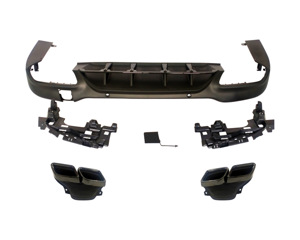 Car bumper components are laid out separately; a large central section with cutouts, two plastic grilles, and twin exhaust tips, arranged on a plain white background.