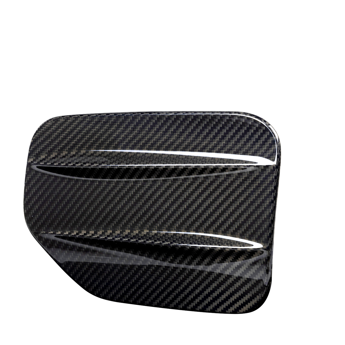 A carbon fiber automotive vent cover, angled with diagonal slats, displayed against a plain white background, emphasizing its glossy, textured surface.