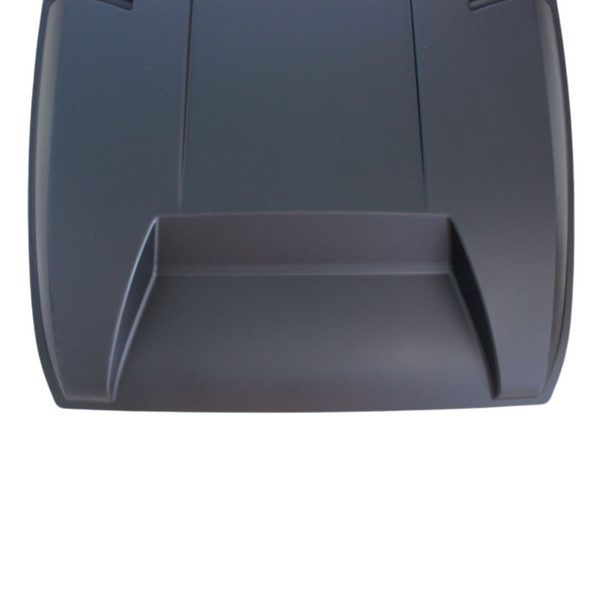 A matte black vehicle hood with prominent contours, featuring a raised center section, is isolated against a white background.