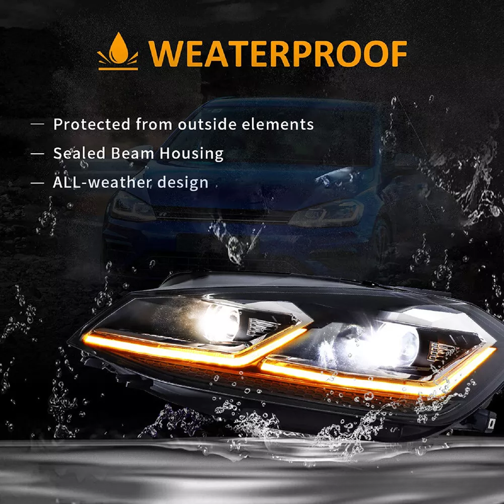 Headlight submerged in splashing water, emphasizing durability; dark backdrop with a car silhouette. Text reads: "WEATHERPROOF - Protected from outside elements - Sealed Beam Housing - ALL-weather design."