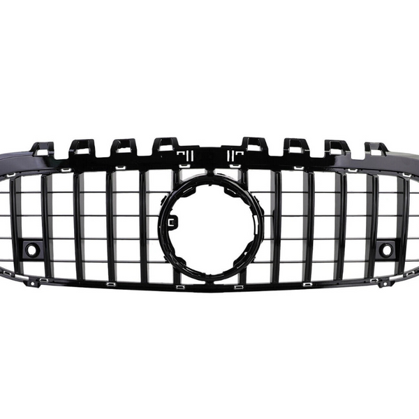 A black car grille with a grid pattern and circular emblem frame, displayed against a white background, features multiple vertical and horizontal bars.