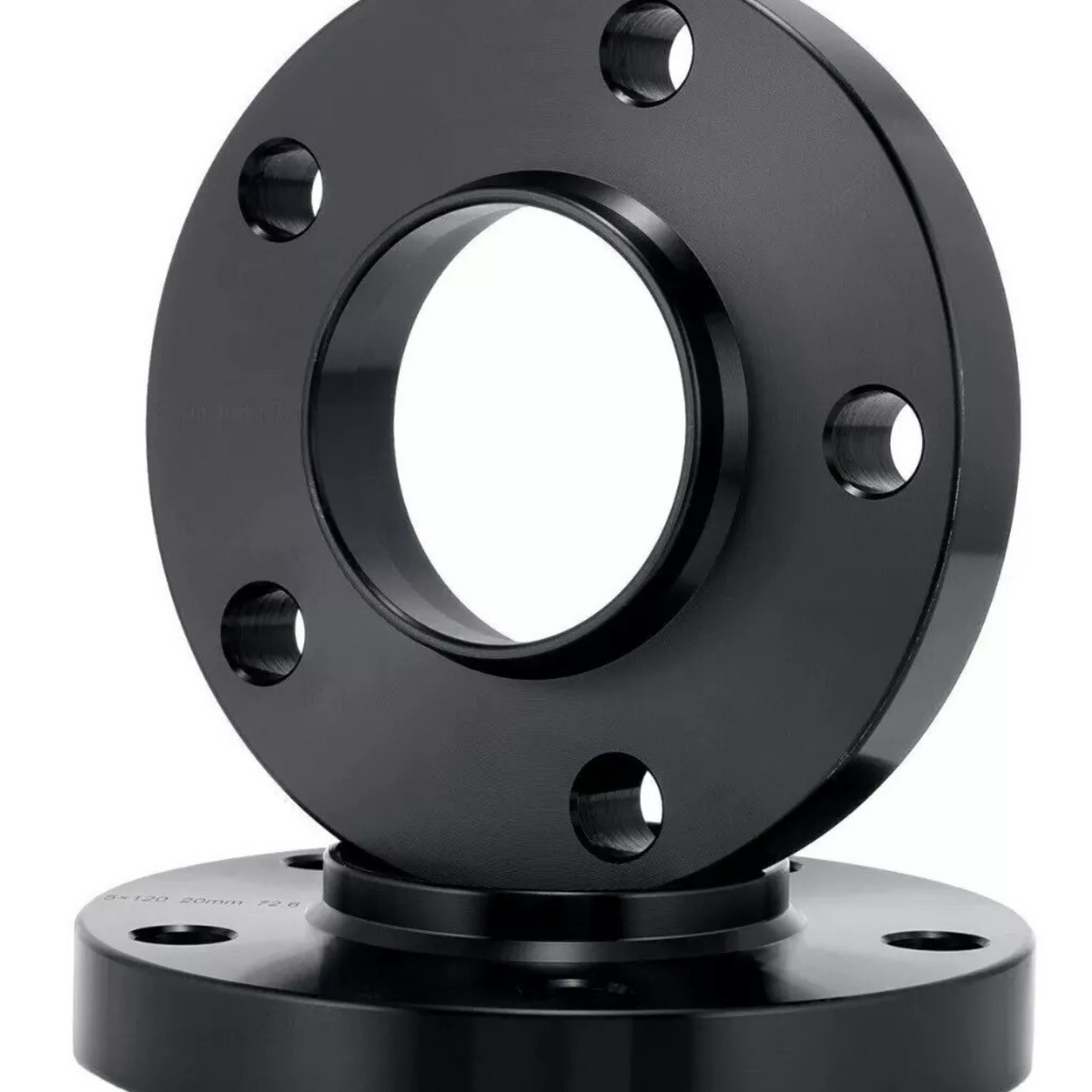 Two black circular flanges with bolt holes sit stacked, one atop the other. Text on the bottom flange reads “H8-100 P3.0.” The background is plain white.