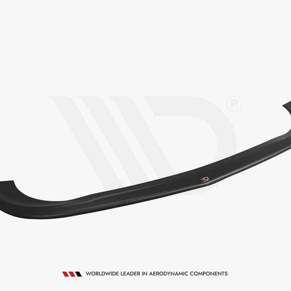 A black car front splitter is displayed on a white background. Text at the bottom reads: "WORLDWIDE LEADER IN AERODYNAMIC COMPONENTS."