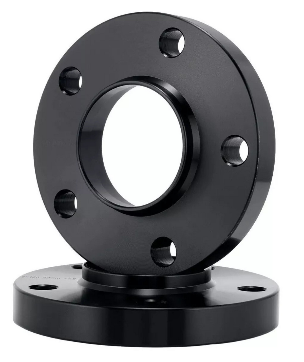 A black circular metal flange with a central hole and multiple bolt holes is displayed in front of a similar flange, set against a plain white background.