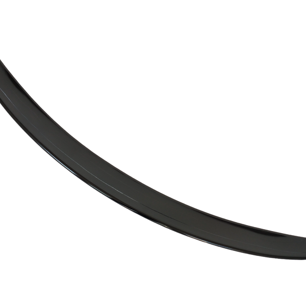 A sleek, black car spoiler curves gracefully, isolated against a white background, showcasing its aerodynamic design.