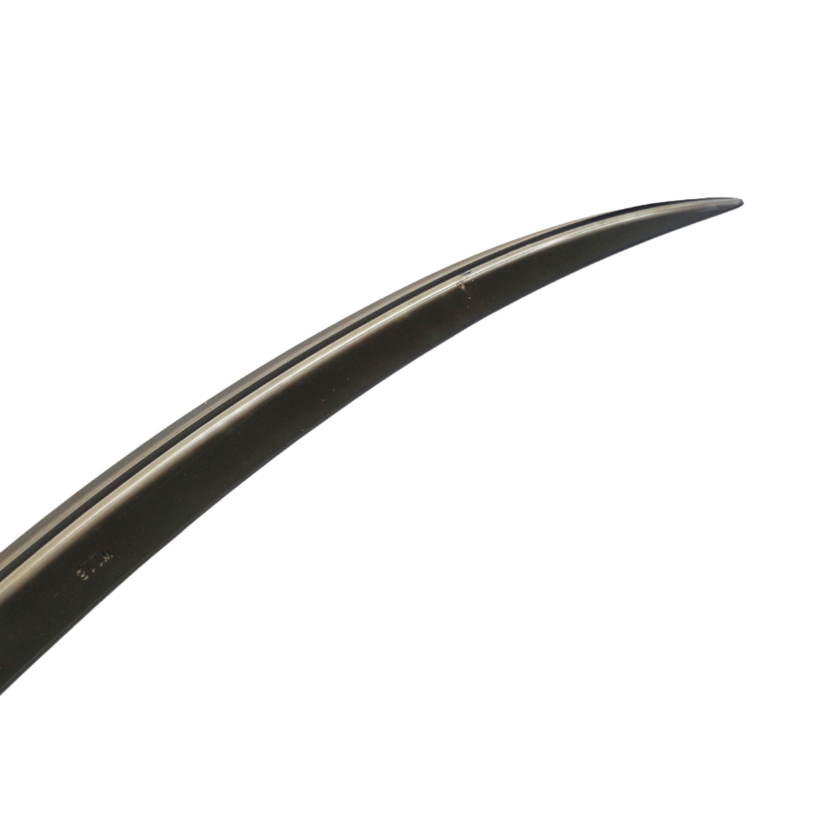 A curved, sleek black blade with a smooth, sharp edge is isolated against a plain white background.