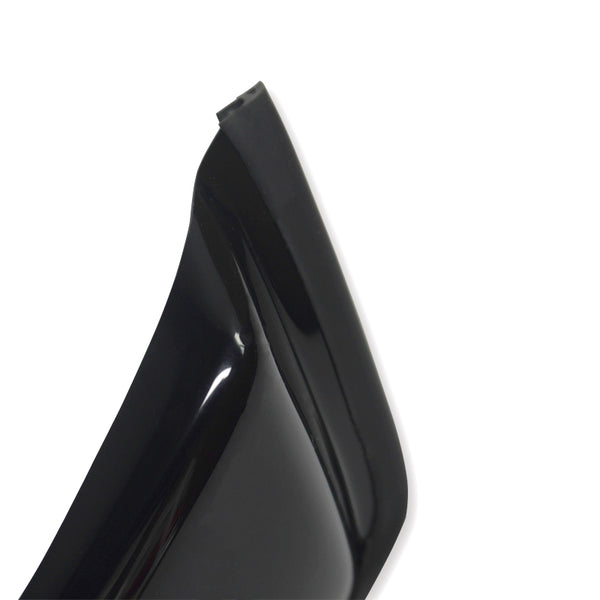 A glossy black high-heeled shoe with a sharp heel edge is positioned against a plain white background. The focus is on the rear and top section of the heel.