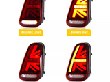 Four car tail lights illuminate in different patterns against a white background, labeled: 
