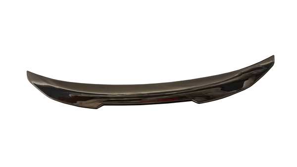 A sleek, curved, black object resembling a car spoiler positioned horizontally against a plain white background. It has a glossy finish with gentle contours and upturned edges.