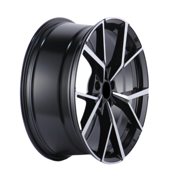 A shiny black alloy wheel with a multi-spoke design and metallic accents, resting against a plain white background.