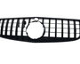 A black car grille features vertical and horizontal slats forming a rectangular pattern, with a circular opening in the center, set against a plain white background.