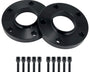Two black circular wheel spacers, each with five holes, are accompanied by ten black bolts below. The items rest on a plain, white background.